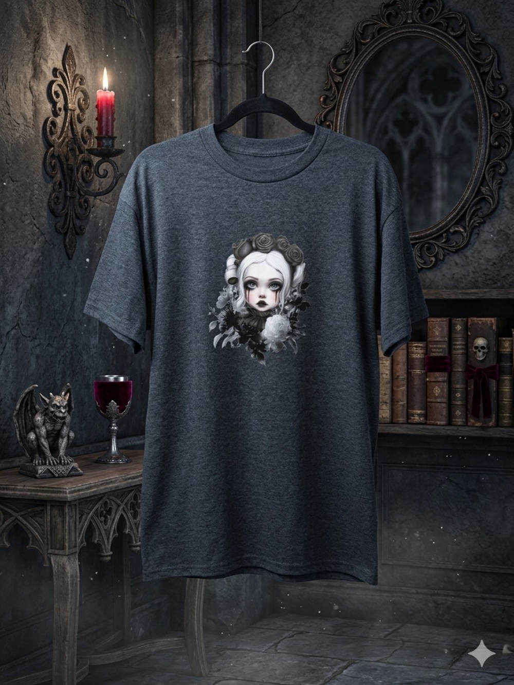 Unisex Graphic T-Shirt in Dark Gray with Gothic Portrait